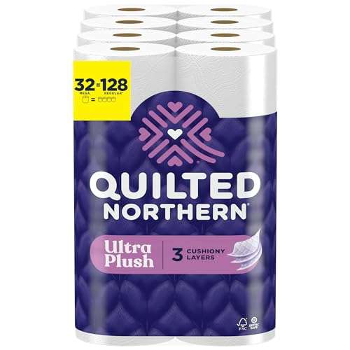 Quilted Northern Ultra Plush Toilet Paper, 32 Mega Rolls = 128 Regular Rolls, 3X Thicker*, 3 Ply Soft Toilet Tissue (White, 32 Mega Rolls (Pack of 1)) Quilted Northern Ultra Plush Toilet Paper, 32 Mega Rolls = 128 Regular Rolls, 3X Thicker*, 3 Ply Soft Toilet Tissue (White, 32 Mega Rolls (Pack of 1))