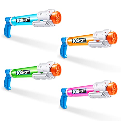 XSHOT Water Warfare Small Tube Soaker (4 Pack) by ZURU Super Soaking Pump Action, Pool Party Pack, Fills up to 380ml, Shoots up to 8 Meters, for Boys, Girls, Children