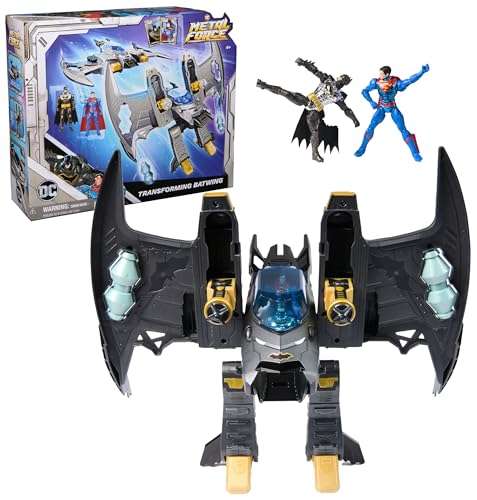 DC Comics, Metal Force Transforming Batwing, 2-in-1 Playset, Includes Batman and Superman Figures, with Projectiles and Character Cards, Kids Toy for Boys Ages 4 and Up