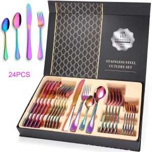 Deal Alert: Colorful Silverware Set 24 Piece Stainless Steel Rainbow Flatware Set Iridescent Cutlery Utensils Set